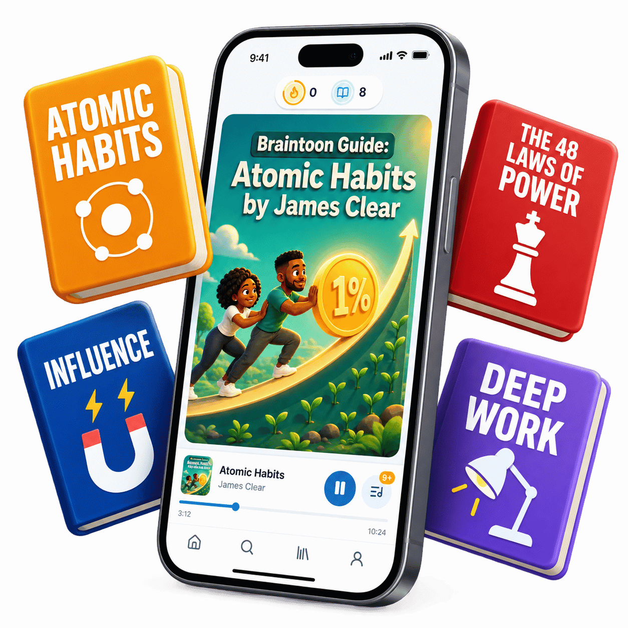 Braintoon playing an animated Atomic Habits summary alongside popular book covers