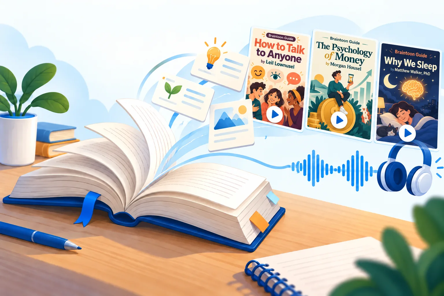 An open paper book with bookmarks becoming BrainToon summary covers for How to Talk to Anyone, The Psychology of Money, and Why We Sleep, each with a play icon, alongside an audio waveform